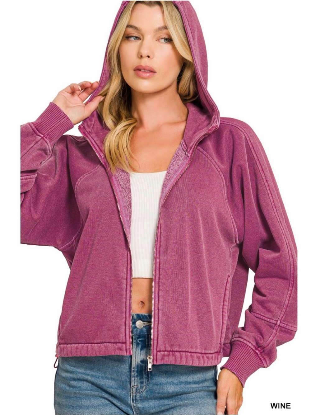 Zenana Wine Pigment Dye Fleece Zip Up Hoodie